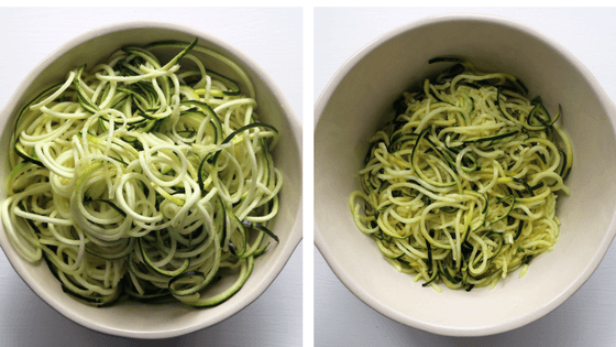 Zoodles before and after salting and draining