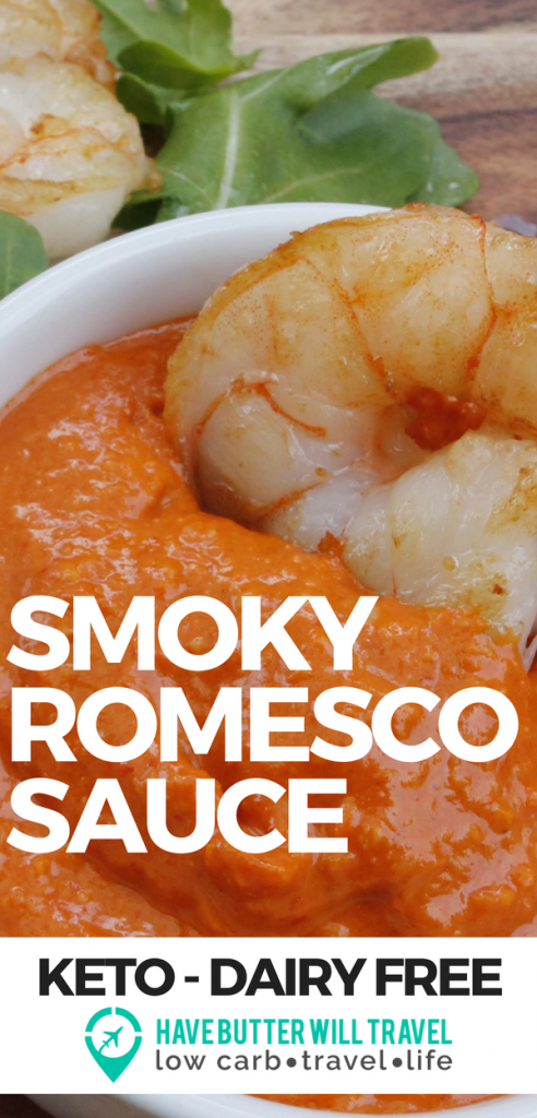 Romesco sauce is a delicious red pepper and nut sauce that originated in Spain. This smoky remoesco sauce is a really tasty keto, dairy free sauce that is great with seafood. At 1 net carb per serve it's a wonderful low carb option to add to your meal.