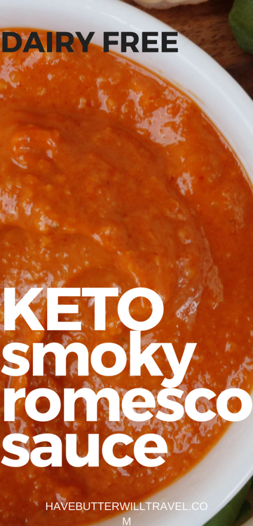 Romesco sauce is a delicious red pepper and nut sauce that originated in Spain. This smoky remoesco sauce is a really tasty keto, dairy free sauce that is great with seafood. At 1 net carb per serve it's a wonderful low carb option to add to your meal.