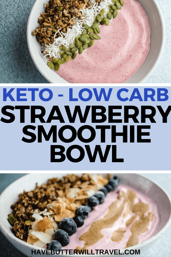 This keto smoothie bowl is perfect for an egg free low carb breakfast. The strawberries and the protein powder is all the sweetness you need. #keto #ketosmoothiebowl #lowcarb #lowcarbsmoothiebowl
