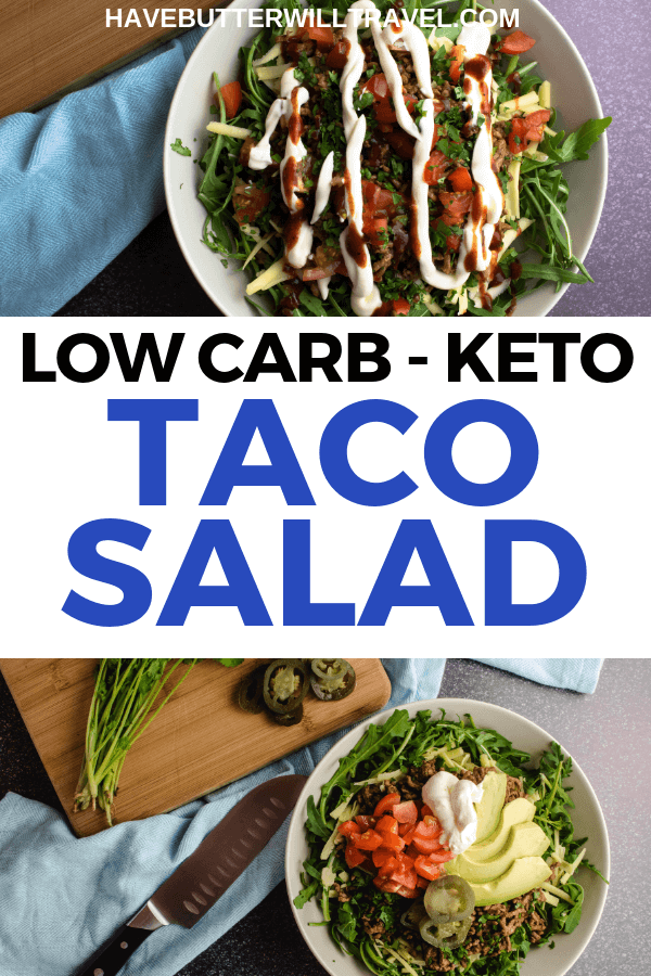 Keto taco salad is a perfect low carb dinner that is so quick and easy to make. Simply cook your ground meat and add to your favourite salad mix. #keto #lowcarb #tacosalad #ketosalad #mexican