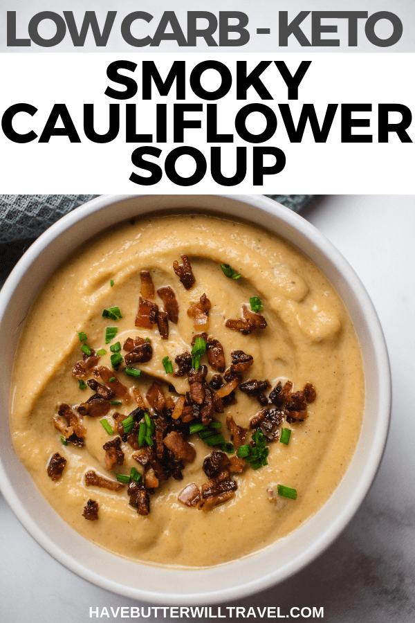 This keto cauliflower soup is super simple to make and so delicious with the smoky flavours of baon and paprika paired with the smooth and creamy texture. #keto #cauliflowersoup #lowcarbsoup #ketosoup