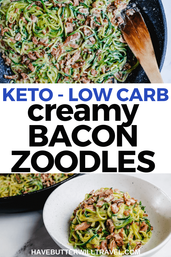 This keto creamy bacon noodles recipe is a quick and easy weekday dinner. It is so creamy and delicious with the cream and the cheese. #keto #lowcarb #ketodinner #zucchini #zoodles