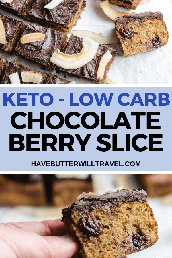 A delicious keto treat perfect for a morning or afternoon tea. This keto slice recipe uses chocolate and berry flavours for a delicious keto treat. #ketoslice #keto #lowcarb #lowcarbslice