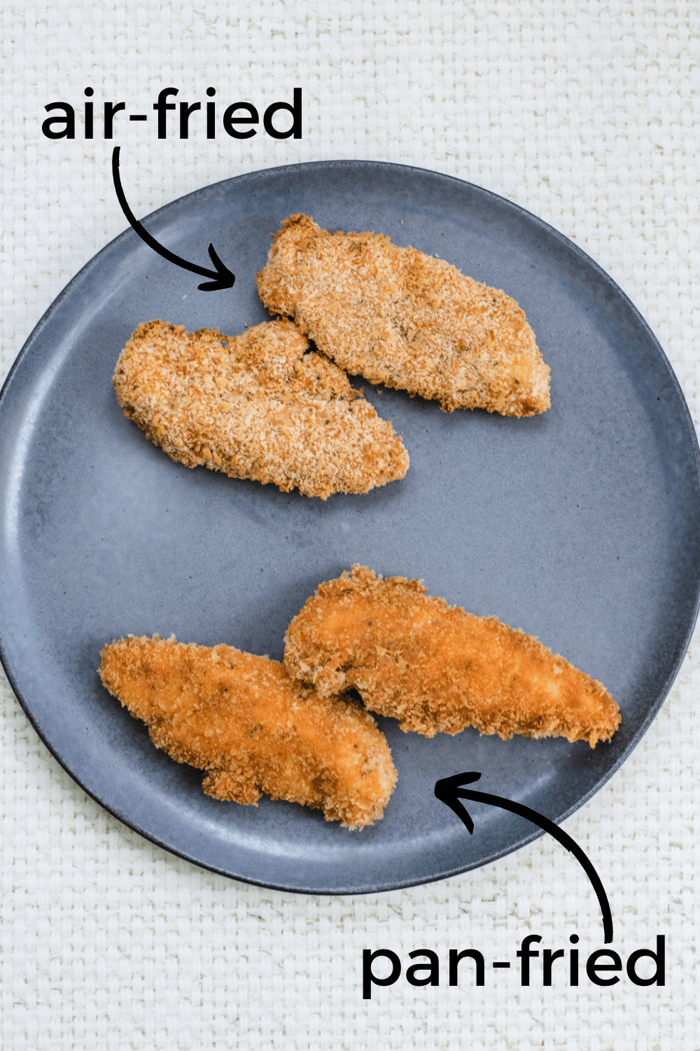 2 air fried panko chicken tenders and 2 pan fried panko chicken tenders on a gray plate on a white wicker background