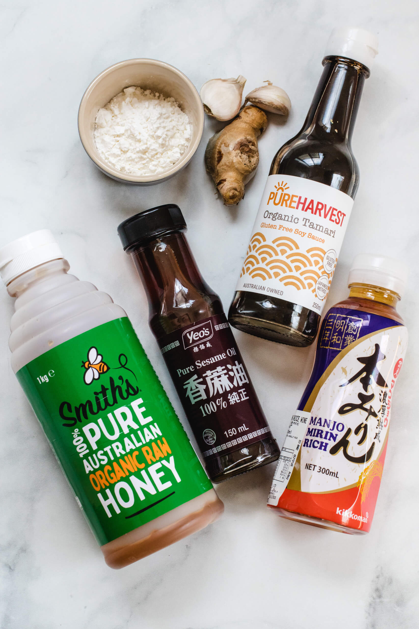 All the ingredients for the honey teriyaki sauce